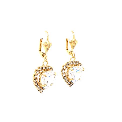 A pair of Heart Shaped Zirconia Stones Dangle Earrings in 14k gold-filled, featuring heart-shaped clear zirconia gemstones surrounded by small sparkling stones, set against a plain white background.